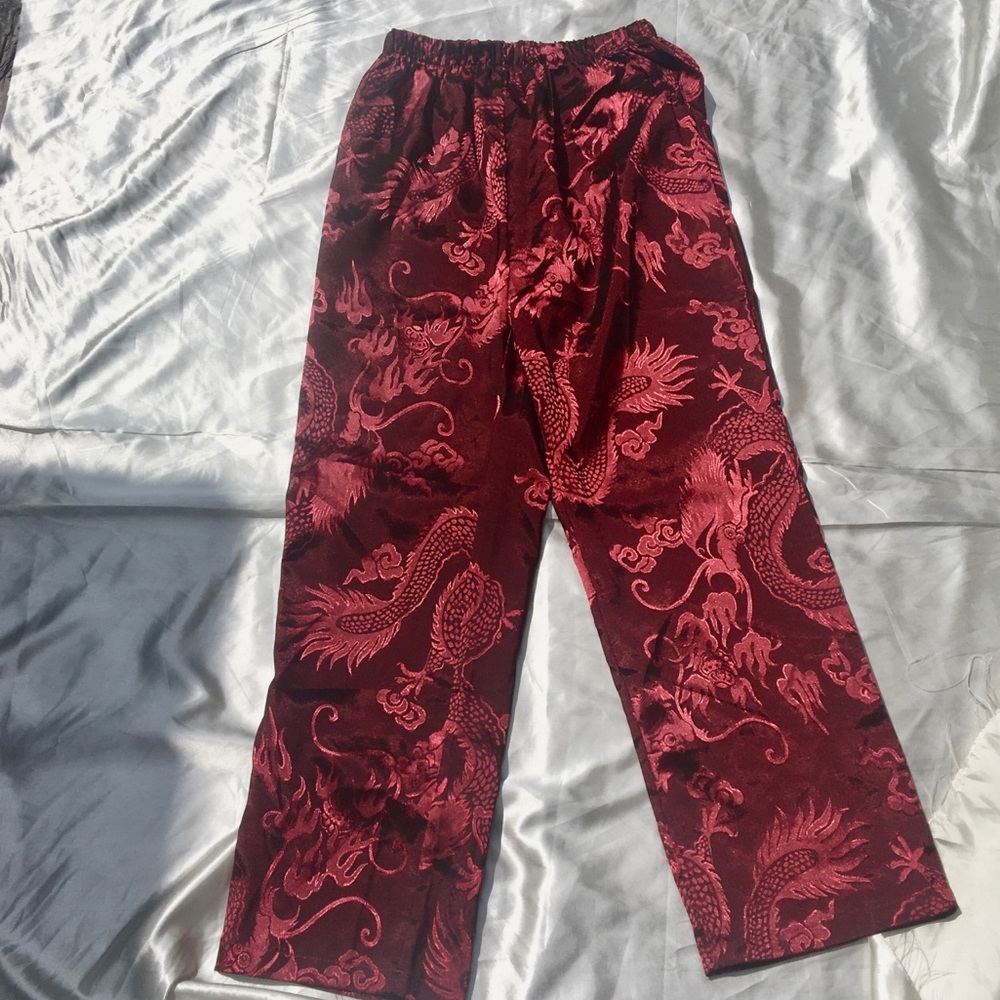 silk chinese dragon print pants